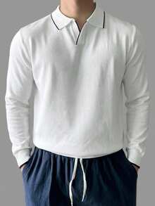 DAZY Spring/Autumn Long Sleeve Half-Button Solid White/Black Trim Men's Knit Top - White - View 1