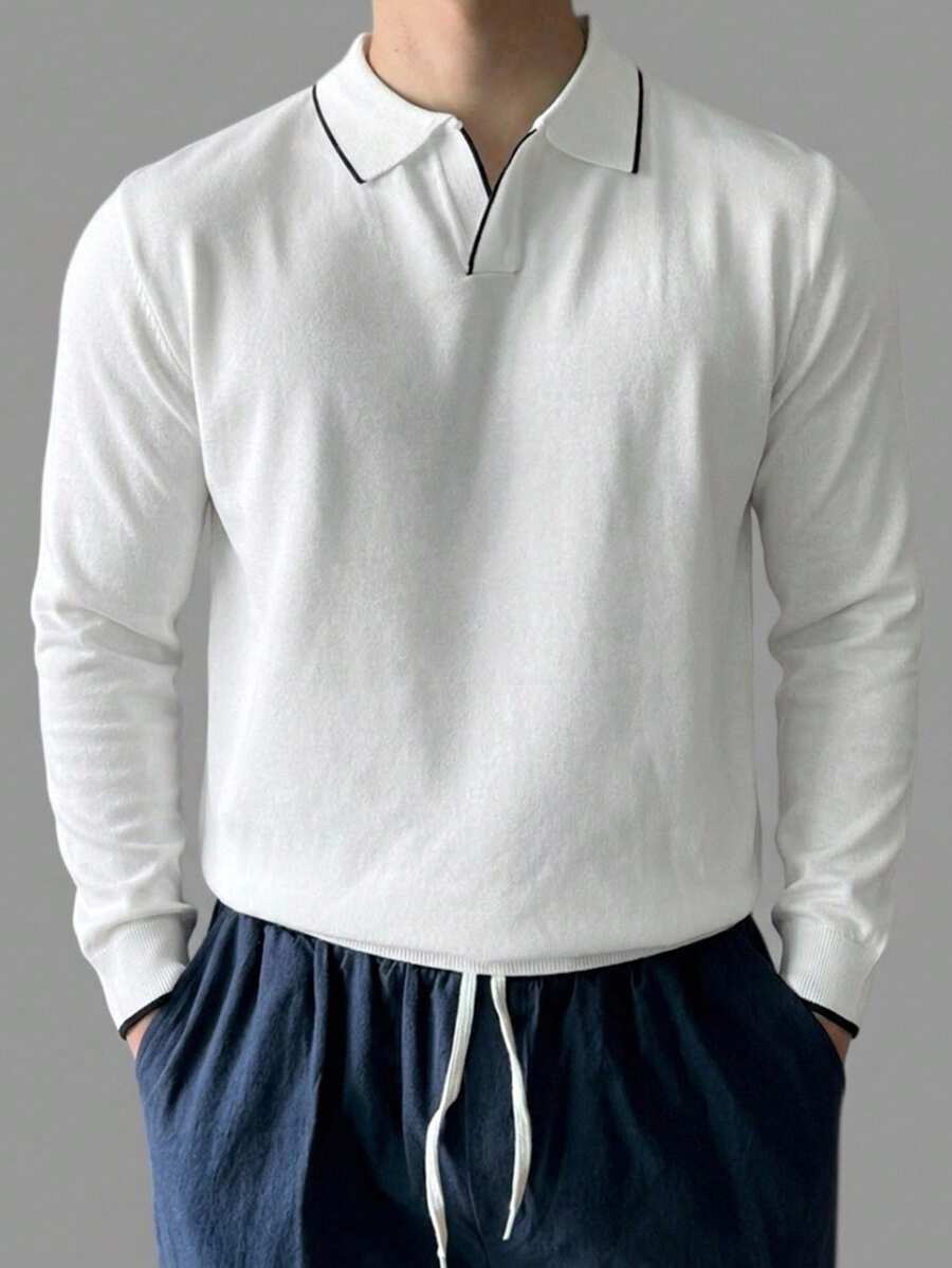 DAZY Spring/Autumn Long Sleeve Half-Button Solid White/Black Trim Men's Knit Top - White - View 1