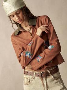 Bohemela 女款秋季休閒復古拼色拼接花卉與鳥類刺繡夾克 - 棕色 - 查看 6