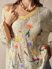 Bohemela Women's Floral Pattern Asymmetrical Shoulder Casual Versatile Daily Wear Long Sleeve Sweater - Apricot - View 7