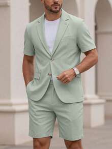 Manfinity Bizformal Men's Sage Green Summer Short-Sleeved Suit Blazer & Suit Shorts,Smart Casual Vacation Daily Business Parties,Casual Fashion Commuter,Formal,Ceremony - Green - View 3