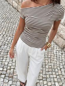 Avantive Women's Asymmetrical Shoulder Striped Casual Versatile Daily Wear Top - Coffee Brown - View 7