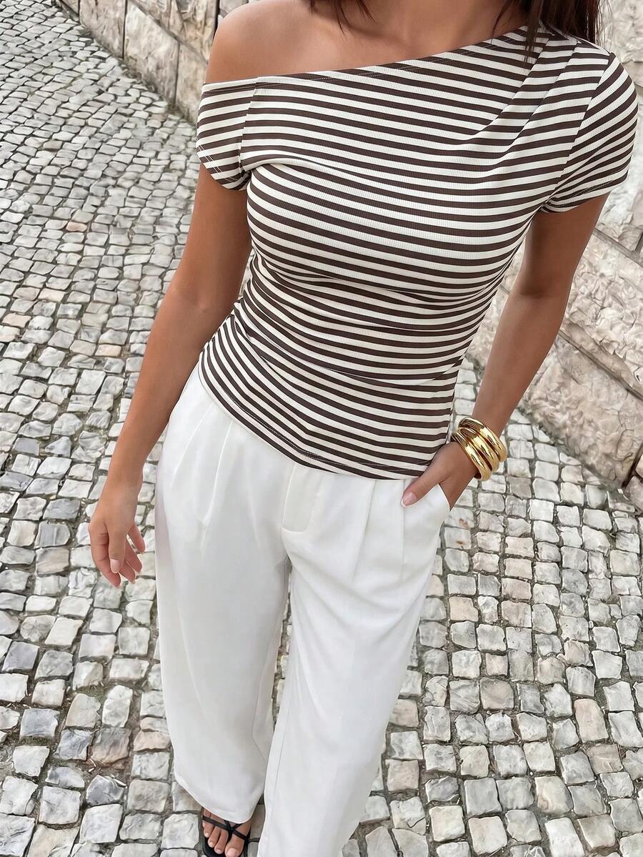 Avantive Women's Asymmetrical Shoulder Striped Casual Versatile Daily Wear Top - Coffee Brown - View 1
