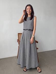 EMERY ROSE 两件套：无袖衬衫和百褶A字裙，波浪下摆拼接格子面料，休闲轻松优雅通勤度假装，适合女士春夏穿着 - 黑與白 - 查看 4