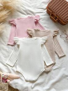 SHEIN Vintaside Kids 女嬰 3件組可愛荷葉袖多色羅紋針織連身衣套裝，適合秋冬日常穿著 - 彩色 - 查看 2