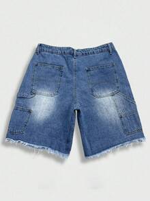 Manfinity EMRG Men's Summer Washed Blue Distressed Cargo Denim Shorts, Street Loose Wide Leg Shorts, Holiday - Light Wash - View 4