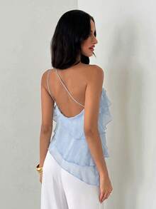 Aloruh Women's Solid Color Ruffle One Shoulder Sleeveless Blouse - Baby Blue - View 2