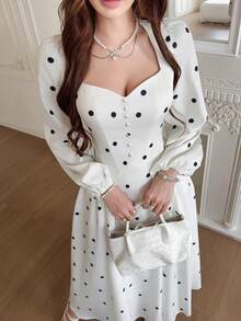 Feyla Women's Polka Dot Puff Long Sleeve Elegant Dress - Multicolor - View 2