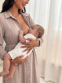 SHEIN Vestido de blusa de maternidad con mangas largas y funcionalidad de lactancia - Caqui - Ver 2
