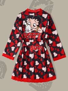 Betty Boop x SHEIN 女款字母與卡通印花休閒日常居家睡袍 - 黑色 - 查看 1