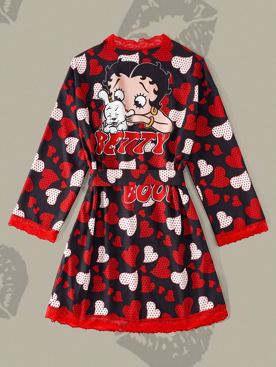 Betty Boop x SHEIN 女款字母與卡通印花休閒日常居家睡袍 - 黑色 - 查看 1