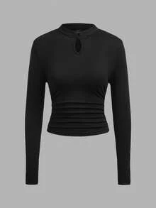 SHEIN EZwear 秋季新品青蛙鈕扣休閒極簡針織純色三件套圓領抓皺長袖女款T恤，秋季上衣，適合日常通勤、約會、派對、秋冬/夏季、聖誕節、新年、海灘、畢業典禮、時尚、休閒、Y2K、外出、畢業典禮等場合 - 彩色 - 查看 3
