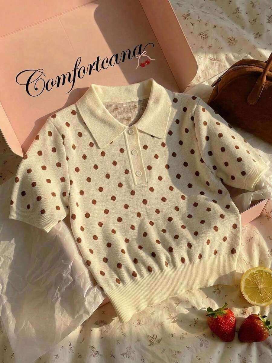 Comfortcana 女款圓點印花鈕扣半開襟收腰短袖針織上衣 - 杏色 - 查看 1
