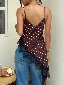 Serisse Women's Brown And White Polka Dot Contrast Lace Asymmetric Hem Cami Tank Top Night Out Sexy Summer Formal Business Chic Back To School - Brown - View 11