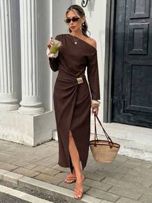 SHEIN Frenchy Women's Casual Commute Solid Color Asymmetric Collar Wrap Dress - Brown - View 7