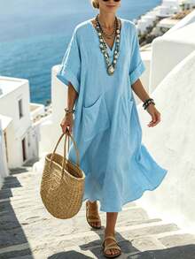 EMERY ROSE Women's V-Neck Pocket Loose Casual Vacation Dress - Blue - View 3
