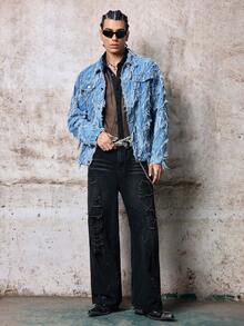 Skyrend Manfinity Streetrush 男式磨边单排扣休闲牛仔宽松夹克，夏季外出派对舞会街头，Emo 风格，适合秋季 - 淺色水洗藍 - 查看 3