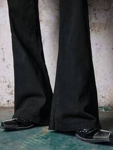 Skyrend Mens Black Flared Denim Jeans, Slim Fit Washed Cargo Pants With Pockets, Gothic Punk Emo Urban Streetwear Winter Jeans - Black - View 8