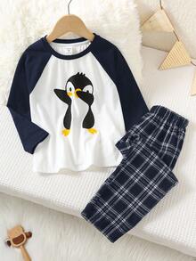 SHEIN Kids Young Boy Cartoon Penguin Pattern Colorblock Raglan Sleeve T-Shirt And Plaid Pattern Long Pants Casual Comfortable Loungewear Pajama Set 2pcs - Navy Blue - View 3