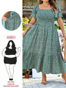 SHEIN CURVE+ Plus Size Curve Size US22 Music Festival, Seaside Vacation, Bohemia Ditsy Floral Vacation Casual Dress, Waist Cinched With Ruffle Hem Bohemian Curve Casual Summer Dress For Women - Green - View 10