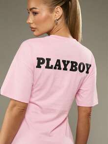 Missguided x Playboy Vestido camiseta con cintura ceñida, con logo de conejo y estampado en la espalda. Vestido mini con detalles fruncidos, de manga corta y casual. - Rosa - Ver 5