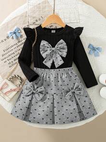 SHEIN Elladie kids 女童可愛休閒短版荷葉袖羅紋上衣搭配時尚刺繡布料裙，舒適甜美 - 彩色 - 查看 7