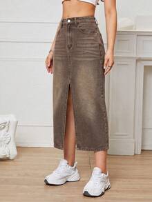 SHEIN EZwear 休閒水洗開衩下擺牛仔裙 - 摩卡棕 - 查看 4