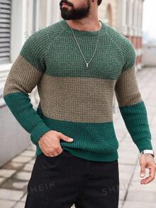 Marcello Vane 男士撞色圆领插肩袖休闲毛衣，秋冬 - 墨綠色 - 查看 5