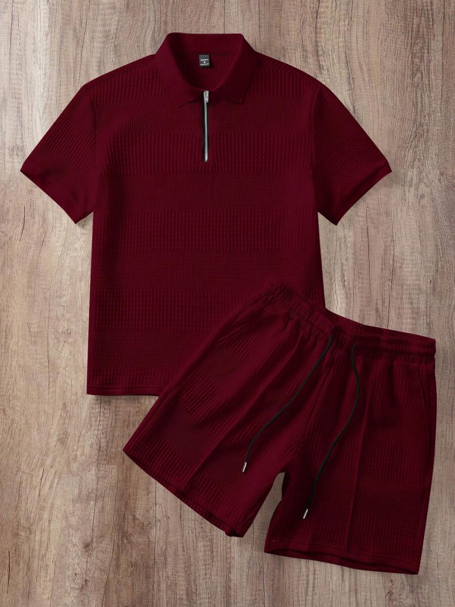Manfinity Joysei Men's Solid Color Knitted Textured Zipper Collar Polo Shirt And Drawstring Waist Shorts Set - Burgundy - View 1