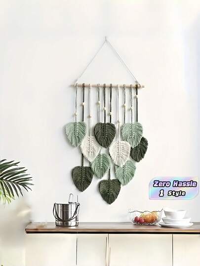 Boho Macrame Wall Hanging Tapestry, 10 Leaf Natural Green Theme Woven Wall Decor, Creative Gift For Christmas Home Bedroom Classroom Office