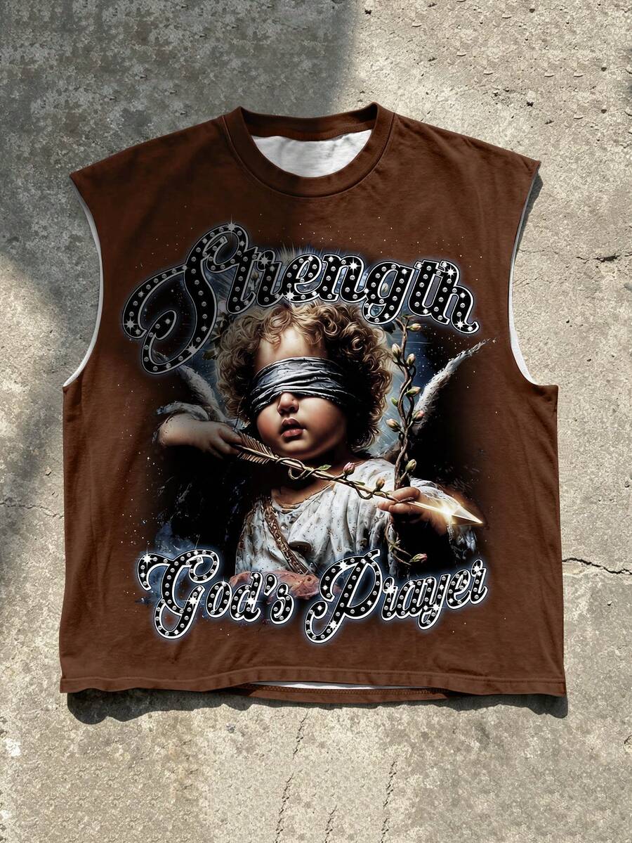 Manfinity Roghcode Men's Round Neck Angel Letter Print Casual Versatile Daily Wear Top, Holiday - Multicolor - View 1