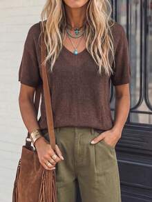 LanaWest Women's Solid Color V-Neck Casual Boho Daily Short Sleeve Knit Top Vacation Dark Brown Summer - Brown - View 3