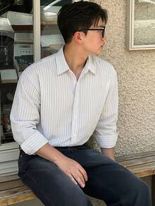 DAZY 男士長袖條紋通勤襯衫 - 白色 - 查看 4