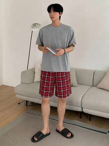 DAZY 男士純色休閒舒適圓領短袖T恤與格紋口袋短褲睡衣套裝 夏季 - 彩色 - 查看 4