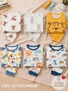LMoss Kids Conjunto de 4 piezas de ropa de estar en casa para bebé niño con camiseta de cuello redondo de punto con estampado lindo de conejo & oso + pantalones largos de ajuste ceñido - Multicolor - Ver 4