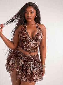 Radiana Plus Size Multicolor Animal Print Two Piece Halter Top And Layered Skirt Set For Women's Summer Outfits - Multicolor - View 4