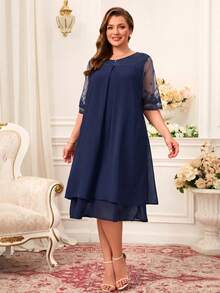 Miaspire Robe grande taille en dentelle patchwork col rond simple décontractée élégante tenue d'été pour femmes robe modeste pour femmes robe d'invitée de mariage femme dentelle mousseline - Bleu marine - Voir 4