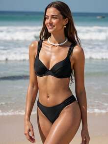 SHEIN Swim 女士實色性感比基尼套裝，上下分離，適用於假期、夏季海灘 - 黑色 - 查看 7