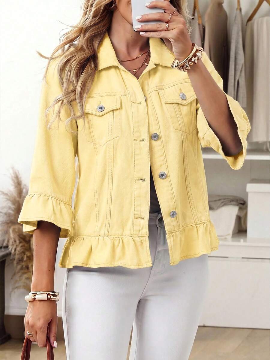 EMERY ROSE Chaqueta vaquera casual de uso diario de un solo pecho de color liso para mujer de talla grande - Amarillo - Ver 1