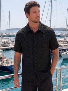 Maristyn Men's Plus Casual And Holiday Wear Short Sleeve Shirt, Featuring Vintage Luxurious Romantic Solid Color Textured Jacquard, Coffee Brown With Rose Pattern. This Shirt Has A Button Placket Closure, Suitable For All-Season Breezy Attire. It Is Perfect For Pairing With Hawaiian Beach Vacation, As Well As Couples Wear, Making It An Excellent Gift For Boyfriends Or Husbands. - Black - View 1