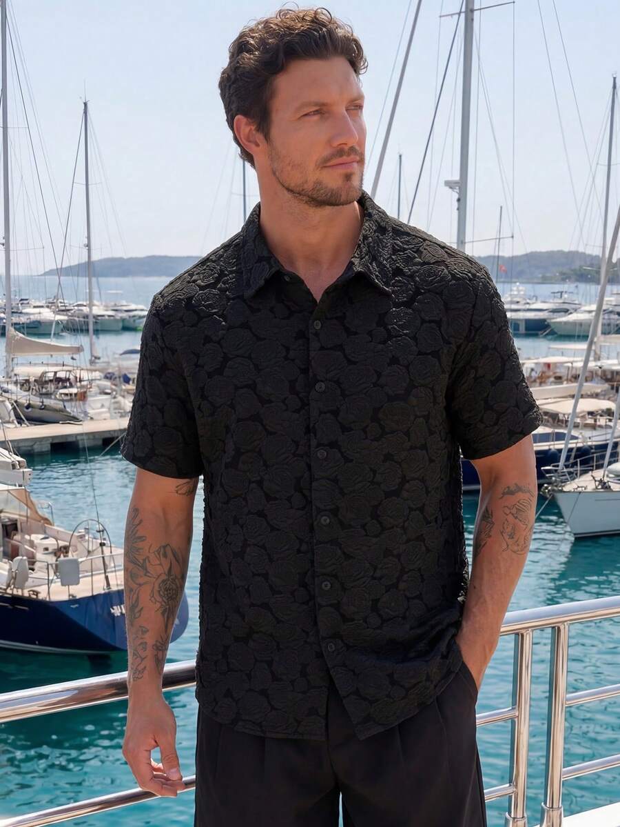 Maristyn Men's Plus Casual And Holiday Wear Short Sleeve Shirt, Featuring Vintage Luxurious Romantic Solid Color Textured Jacquard, Coffee Brown With Rose Pattern. This Shirt Has A Button Placket Closure, Suitable For All-Season Breezy Attire. It Is Perfect For Pairing With Hawaiian Beach Vacation, As Well As Couples Wear, Making It An Excellent Gift For Boyfriends Or Husbands. - Black - View 1