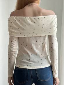 DAZY Women's Black Polka Dot Print Slim Fit Long Sleeve Knit T-Shirt With Open Shoulder Ruffle Neckline Going Out Everyday Tops Autumn French Elegant - White - View 2