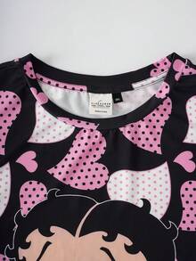 Betty Boop x SHEIN Plus Size Cartoon Polka Dot Heart Print Nightgown - Black - View 4