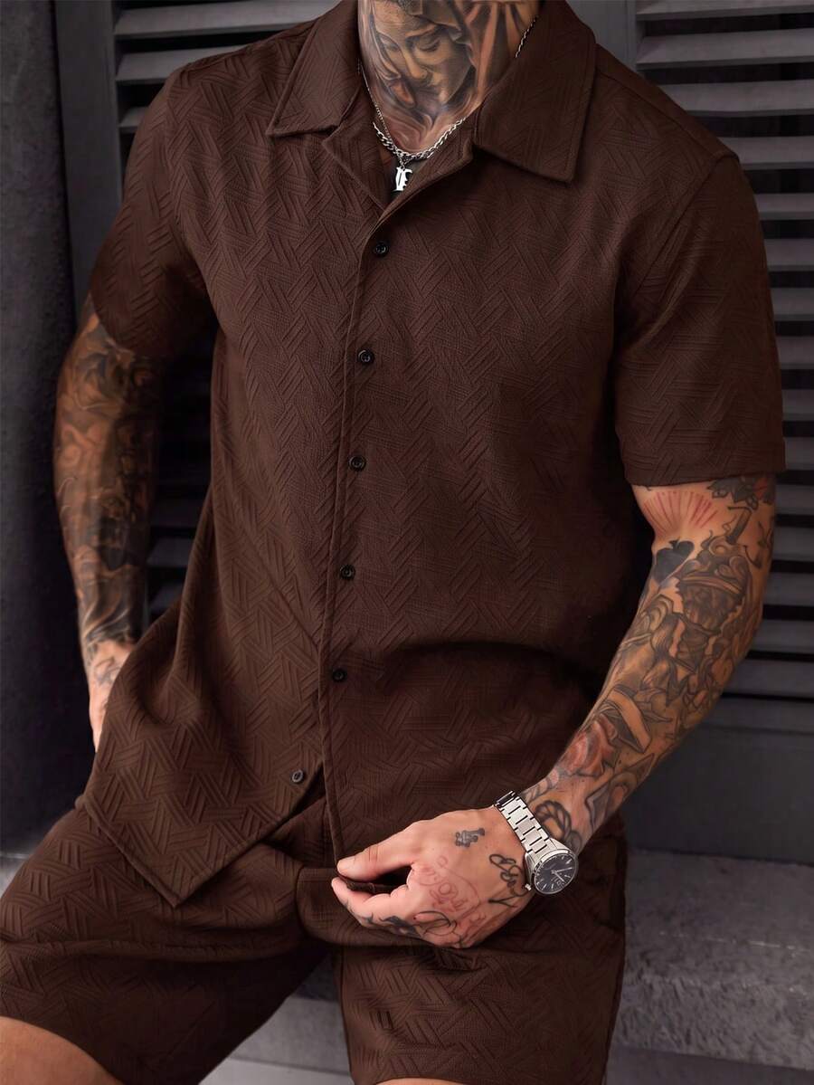 SLATEMANN 男士休閒單排扣短袖襯衫與抽繩腰口袋短褲套裝 - 咖啡棕 - 查看 1