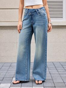 SHEIN New Women's Cross Waist Pocket Vintage Washed Blue Casual Versatile Wide Leg Denim Jeans, Suitable For Daily Wear, Campus Style, Y2K Millennium Style, Streetwear - Medium Wash - View 1