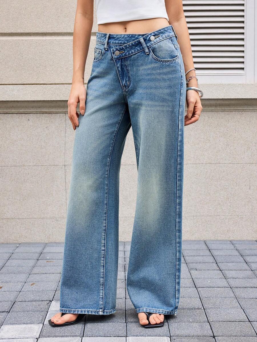 SHEIN New Women's Cross Waist Pocket Vintage Washed Blue Casual Versatile Wide Leg Denim Jeans, Suitable For Daily Wear, Campus Style, Y2K Millennium Style, Streetwear - Medium Wash - View 1