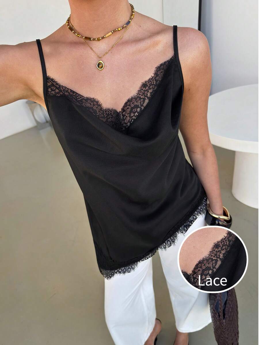 Lavishia Women's Sexy Backless Ruffle Collar Lace Patchwork Blouse, Elegant For Party, Commute And Vacation - Black - View 1