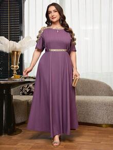 Reflora Plus Size Fashion Cinched Waist Rhinestone Embellished Off-Shoulder Dress - Multicolor - View 6