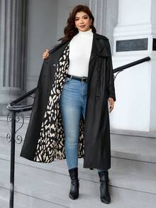 Reflora Plus Size Fashion Street Button PU Material Long Sleeve Trench Coat Fall - Black - View 7