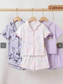 SHEIN 女童粉色甜美可愛短袖短褲舒適兩件式居家服套裝 - 彩色 - 查看 1